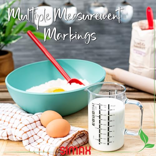 Simax Glass Measuring Cup, 16 Ounce Durable Borosilicate Glass, Easy to Read Metric Measurements, Liter, Milliliter, Ounce, Sugar Grams, Flour Grams, Drip Free Spout, Microwave and Dishwasher Safe - size: 16 Ounce