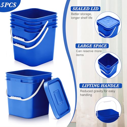 Mumufy 5 Pcs 3.5 Gallon Square Food Grade Bucket with Lid Square Bucket Pail Plastic Handles for Long Term Food Storage, Camping, Fishing, Home Organization Easy Stack and Store (Blue) - color: Blue
