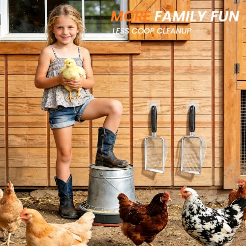 Chicken Coop Poop Scooper 2 Pack, Stainless Steel Sifting Shovels | 3.8mm & 5mm Mesh Sand Sifting Litter Shovel Tool for Chicken Coops Sand, Cat Litter and Bedding Cleaning, 2 adhesive hooks