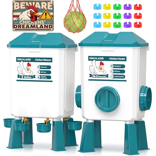 INNOLAND Chicken Feeder and Waterer Set - 3 Gallon/26.5 Pounds | Automatic Chicken Waterer, 4 Cups & 4 Feeder Ports, No Waste Poultry Feeders & Waterers, Chicken Coop Accessories for Poultry
