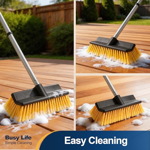 Yocada Deck Brush with 4-Section Extendable Handle Floor Scrub Brush | Soft &Medium Bristles Non-Slip Grip for Outdoor Deck Patio Bathroom Garage Concrete Cleaning 54.3 Inch