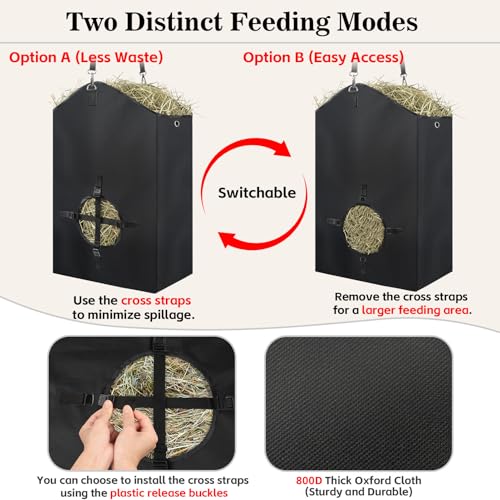 2 Pcs Hay Bags for Goats, 27.5" x 17.5" x 9.8" Hay Feeder, Plastic Buckle | Portable & Slow Hay Feeder for Goats, Adjustable Hanging Strap, Waterproof Lining, 800D Oxford Cloth, Sheeps, Small Horses - color: 2 Pcs without storage bag
