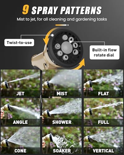 RAINPOINT Garden Hose Nozzle, Hose Sprayer Nozzle with 9 Spray Patterns, High Pressure Water Hose Nozzle Heavy Duty Metal Hand Sprayer, Watering Plants and Lawn, Car Washing, Pet Showering