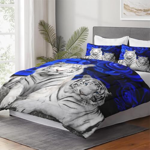 WeCozy Twin Comforter Set, 2 Pieces White Tiger Bedding, All Season | Animal Cat Blue Rose Flower Background Soft Comforter with 1 Pillowcase for Kids and Adults Room Bedroom Bed Decor - color: Multi 9, size: Twin
