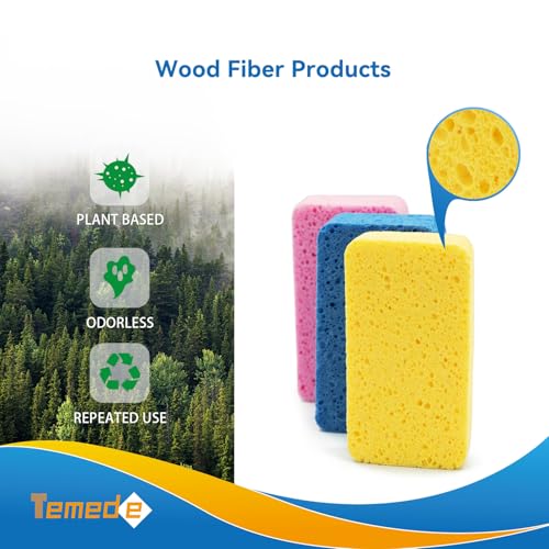 Temede Large Cellulose Sponges, Thick Absorbent Kitchen Sponges, 5-Pack | 5.5" x 3" x 1.2" (Expand), Soft Dish Sponge, Heavy Duty Scrub Sponges, Non-Scratch Cookware, Household, Compressed Packaging