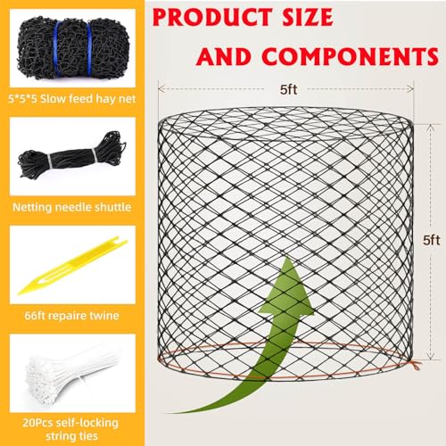 Large Round Bale Hay Net, Slow Feed Knotless Design Hay Net Feeder for Livestocks,Heavy Gauge Large Hay Net for Horses, Cattle, Sheep in Farms and Pastures, 1.75-inch Mesh (5×5ft) - color: 5×5 ft