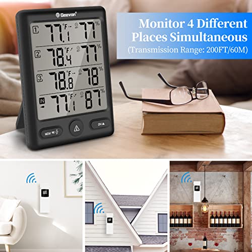 Geevon Indoor Outdoor Thermometer Wireless with 3 Remote Sensors, Digital Hygrometer Thermometer, Wireless Temperature Humidity Monitor Gauge with 200FT/60M Range - color: Black