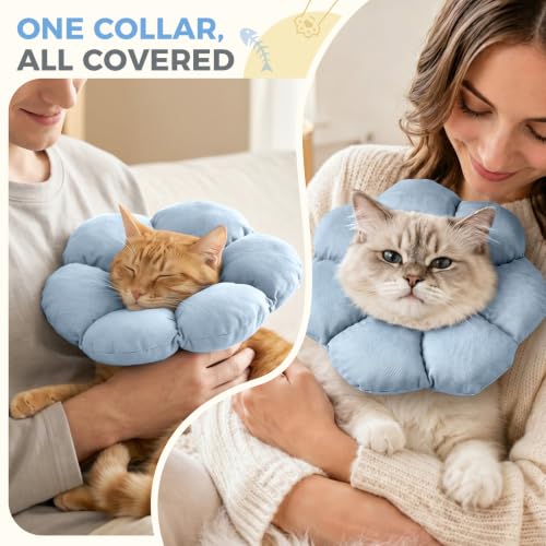 Avont Soft Cat Cone S Grayishblue Post-Surgery Anti-Lick Adjustable | Grayishblue S, Neck 5.9-9.8", Anti-Lick, Breathable, Lightweight, Soft Cotton, Adjustable Drawstring - color: Grayishblue, size: S (5.9" – 9.8")