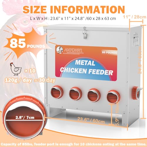 HAYOHRT 85-120LBS Capacity Chicken Feeder No Waste 10-Ports Automatic Large Poultry Feeder with Latch & Handle for Chickens Bantams Pheasants Poultry Coop Weatherproof - size: 10 Ports - 85-120 lBS