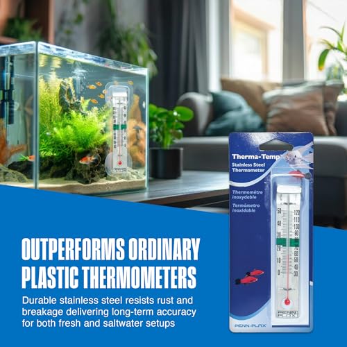 Penn-Plax Therma-Temp Stainless Steel Thermometer - Accurate Aquarium Thermometer - Easy to Read - Dual Scale for Freshwater and Saltwater Tanks - Rust-Resistant Clip-On Design - 4.25 Inches - size: 4.25 inches (Pack of 1), style: Silver