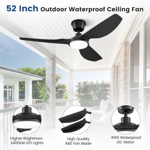 Newday 52 Inch Black IP66 Waterproof Outdoor Ceiling Fan with Light Remote | 3CCT dimmable LED, 9000CFM quiet DC, weatherproof heavy-duty airflow, high wind cooling for gazebo, patio, porch, pergola - size: 52 Inch