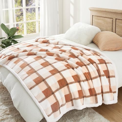 PU MEI Super Soft Faux Rabbit Fur Sherpa Fleece Throw Blanket, Reversible Luxury Cozy Cute Furry Blanket, Plush Warm Shaggy Fluffy Checkered Blankets for Sofa Couch Bed (Beige-Plaid, 60" x 80") - color: Beige-plaid, size: 60"*80"