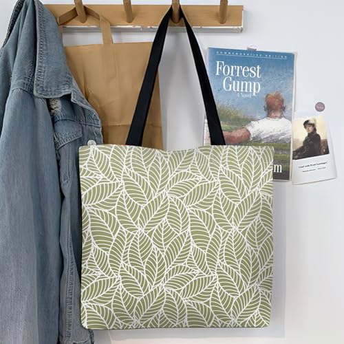 Canvas Tote Bag for Women，Cute Heavy-Duty Shoulder Bag with Zipper Pocket -Travel Tote for Grocery, Gym,Shopping - color: Green Leaves