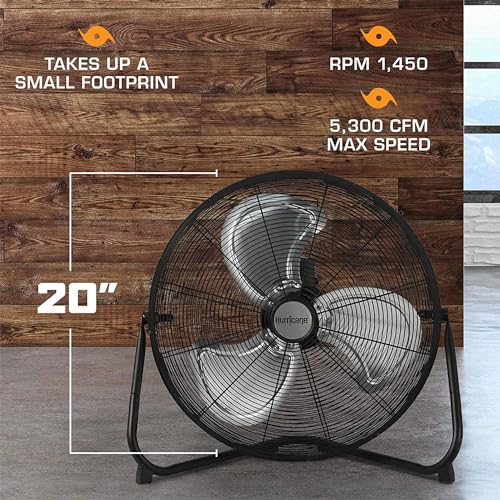 Hurricane Pro High Velocity Floor Fan, 3 Speeds, Black, 20in, 2 Pack | Corded Electric Air Cooling Unit w/ 5300 CFM Airflow for Home, Greenhouses, Garages, Gyms & Workshops