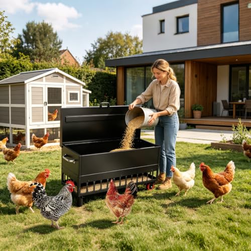 120LBS Heavy-Duty Galvanized Automatic No-Waste Chicken Feeder | 38 Ports Grille Gravity Feed Saving Design with Weather Resistant Lid & Side Wheels, Suitable for Hens, Ducks & Geese