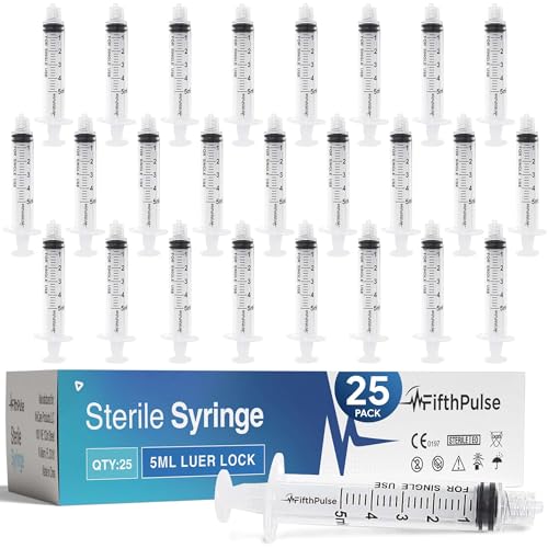 5 ml Syringe without Needle - 25 Pack of Individually Wrapped Disposable Syringes - Good for Medical, Scientific Lab, Home Use, and More - Sterile Luer Lock Syringes - style: 5 ML