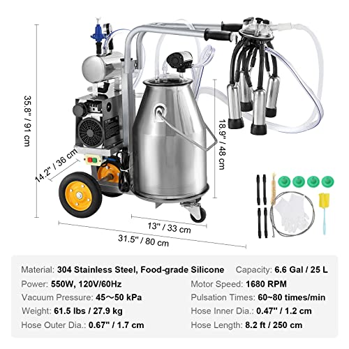 VEVOR Electric Cow Milking Machine 6.6 Gal/25 L Milker 304 Stainless Steel | Automatic Pulsation Vacuum, Portable Milker with Food-Grade Silicone Cups and Tubes, Adjustable Pressure - size: 25 L