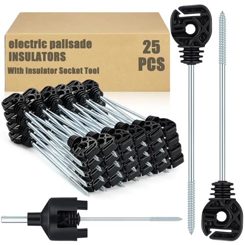 Tandefio 25 Pcs Electric Fence Wire Insulator with 1 Pcs Insulator Socket Tool Screw in Insulator Black Wood Fence Post Insulator Long Arm Post Insulator for Animal Agricultural Garden Fence