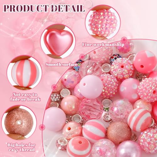 112 Pcs Red Bubblegum Beads for Pens, Spacer Beads, Pink | 28 Pcs Pen Beads 14 Styles, 84 Pcs Spacer Beads, Colorful Rhinestone Bead for Jewelry Making,Valentine's Day - color: Pink