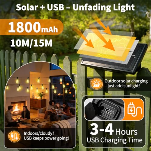 Solar Lights Outdoor 33FT, Dimmable Remote Control Patio Lights | Waterproof Solar Light with 11 ST38 Shatterproof Bulbs, Solar Powered & USB Charging, 3 Light Modes, Camping Backyard Garden - size: 10M-33FT