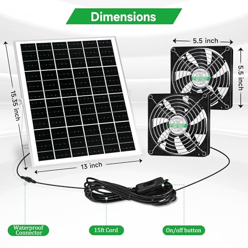 blessny Waterproofed 5.5" Solar 2 Fan Kit for Outside Intake or Exhaust air | 25W Solar Powered Fans for Chicken Coops, Greenhouses, Shed, Pet House Air Ventilation - size: 5.5" 2 Fan Kit