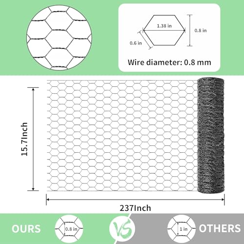 Chicken Wire 15.7 in x 237 in Poultry Wire Netting Hexagonal Galvanized Mesh Garden Fence Barrier for Pet Rabbit Chicken Fencing(PVC-Coated) - color: Black, size: 15.7"x237"+0Ties