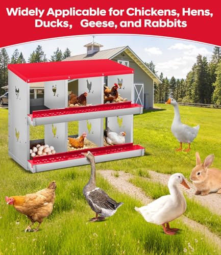 6 Compartment Chicken Nesting Box, Heavy Duty Metal Laying Box with Perch, Easy Assembly & Easy Clean for Outdoor Chicken Coop, Red - color: Red, size: 6 Compartment