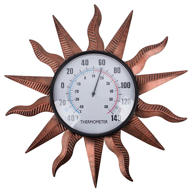 VEWOGITF 14" Sun Outdoor Thermometer | Retro Indoor Wall Thermometer No Need Battery, Metal Thermomter for Patio Garden Living Room Decor - color: Copper Sun