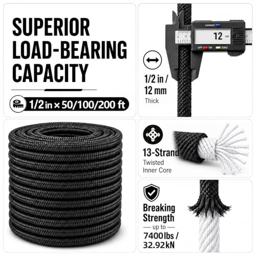 Double Braided Polyester Arborist Rope (1/2 inch X 50 feet) High Strength Bull Rope for Tree Work Climbing Securing Sailing Swing, Black - size: 1/2 inch X 50 feet