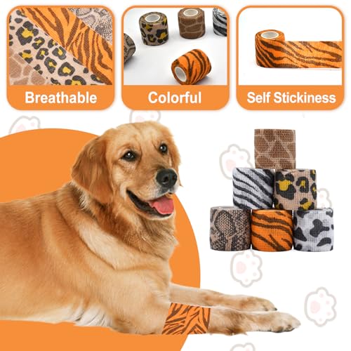 6 Roll 2 Inch x 5 Yards Jungle Safari Animal Print Pet Vet Wrap for Dogs Cats, Cohesive Bandages in Bulk, Non-Woven Self Adhesive Bandages Wrap Roll for Animals Wound Care, Ankle Sprains and Swelling