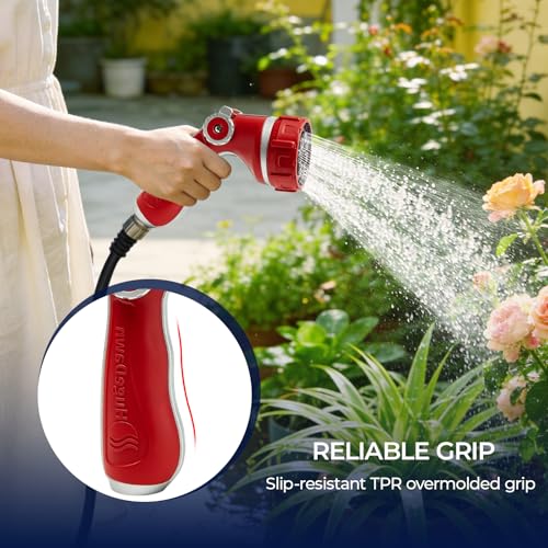 HugeDawn Garden Hose Nozzle with 7 Spray Patterns, Heavy Duty Metal Sprayer 30% Greater Water Flow for Watering, Car Wash, Outdoor Cleaning (Red) - color: Red