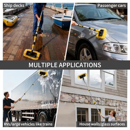 Car Wash Brush with Long Handle, 20FT Reach Telescopic Flow-Thru Car Washing Brushes, 11.8" Soft Bristle Cleaning Brush with On/Off Switch for Auto Cars, Trucks, RV, Truck, Boat, Wall, Solar Panels