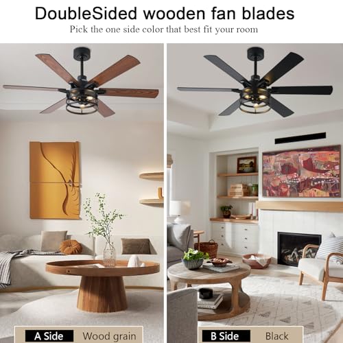 NKPU 52 Inch Farmhouse Ceiling Fan with Light and Remote, Brown Industrial Caged Rustic Ceiling Fan with 6 Speed Reversible Motor and Dual Finish 6 Blades, Rustic Ceiling Fan for Living - color: Brown