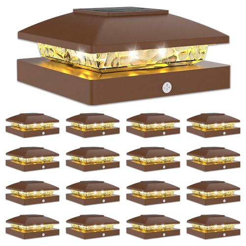 VOLISUN 4x4 Solar Post Cap Lights, 16 Pack Brown Waterproof Fence Lights | Waterproof solar lights fit wooden & vinyl 4x4 posts, warm white illumination for garden, patio and porch outdoor decor - color: Brown, size: 16 Pack