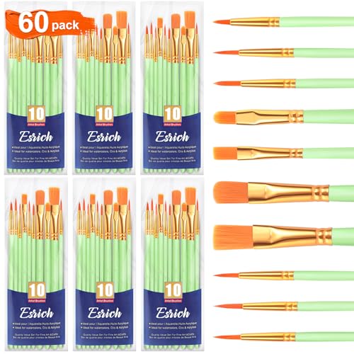 ESRICH 60PCS Paint Brushes, Paint Brush for Acrylic Painting | Artist Paintbrushes for Oil Watercolor, Body Face Rock Canvas, Small Paint Brushes for Kids, Green - color: Green, size: 60