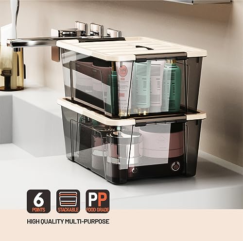 WYT Small Clear 5-Quart Plastic Storage Container Bin with Khaki Secure Lid and Black Latch Buckles, Durable Stackable Nestable Organizin, 6-Pack - color: Khaki