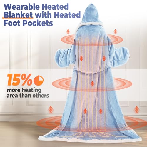 Wearable Heated Blanket with Foot Pocket, Electric Wearable Throw Blanket with Sleeves, Hood, Portable Heated Blanket with 8 Heat Settings, 1-10 Hours Auto Shut-off, Gift for Family, Friends, 50*70" - color: Light Blue