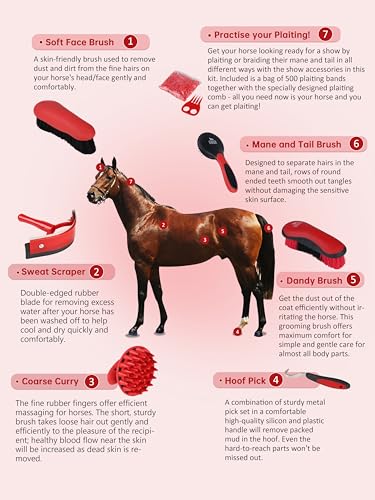 Harrison Howard Horse Grooming Brushes Kit 7 pieces with Organizer Tote Equine Care Series Horse Brush Sets Red - color: Red