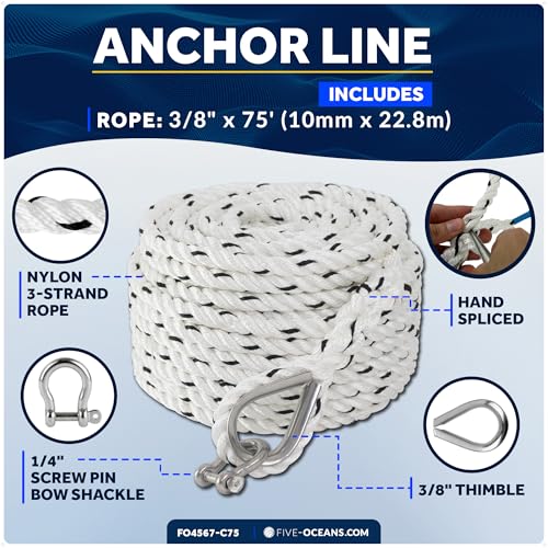 Five Oceans Anchor Line 3/8" x 75', Anchor Rope Line, Marine Premium 3-Strand White Nylon Boat Anchor Rope - Stainless Steel Thimble and Shackle, Ideal for Mooring Anchoring Towing - FO4567-C75 - style: 3/8 inch x 75 ft