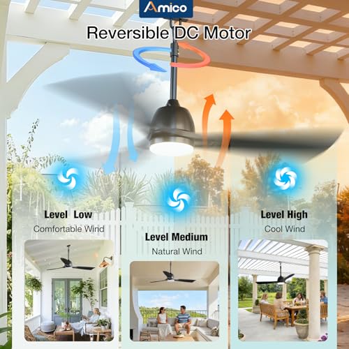 Amico 52" Outdoor Ceiling Fans with Lights, IP65 Waterproof Gazebo Fan | Waterproof, Remote Control, 3000-6000K, 6 Speeds, Hook Hanging Plug in, for Patio Porch Pergola Garage Canopy - size: 52 inch