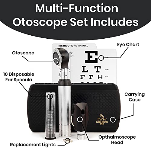 Zyrev Otoscope Oph Multi-Function Set - Otoscope/Opthalmoscope for Ear & Eye Examination - with Portable Carry Case, Sight Chart, Replacement Tips (Black)