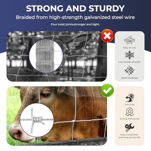 14 Gauge Cattle Fence Panels 4 ft x 165 ft Farm Fence Galvanized Cattle Fence, Pig Fence Panels, Livestock Fence, Grass Pasture Fence for Yard Livestock Animal Protection - size: 4ft×165ft