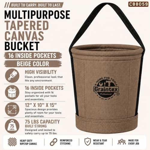 Graintex Canvas Utility Bucket 12"x10"x15". Tapered Tool Bucket, Reinforced Base & Carry Handle, Ripstop Canvas, Multi-Purpose Bag for Jobsite, Gardening, Home Use - Beige - color: Beige