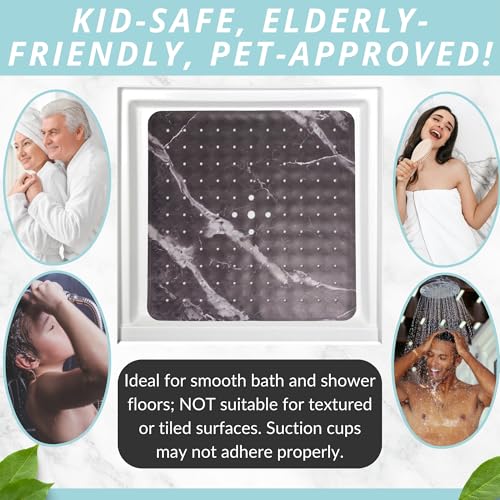 ENKOSI Square Shower Mat 21 x 21 – Anti Slip Shower Mat with Secure Suction Cups and Drain Holes – Square Shower Stall Floor Mats with Black Marble Design (Marble Black 21x21) - color: Marble Black