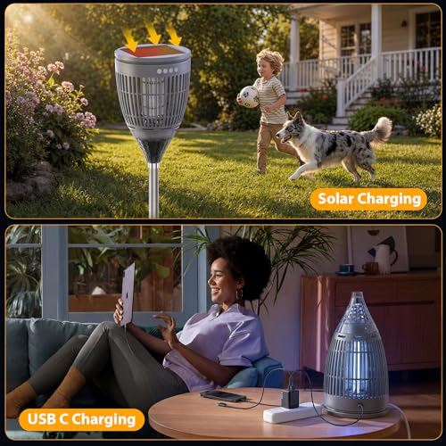 Rossetta Solar Bug Zapper Outdoor, Fly Zapper with Flame & Projector Light | 4200V Shock Grid, Solar & USB Charging, IPX5 Waterproof, Auto Mode, Cordless Electric Mosquito Killer for Patio, Garden - color: Gray