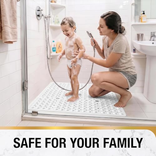 HITSLAM Square Shower Mat 27x27 Inch, Extra Large Non Slip Shower Mats for Inside Shower Stall, Anti Slip Bath Floor Mat with Strong Suction Cups & Drain Holes, Machine Washable, White - color: White