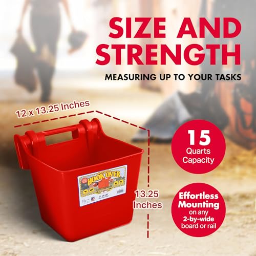 Little Giant® Plastic Hook Over Feeder | Mountable Livestock & Pet Feed Bucket | Horse Feed Bucket | Made in USA | 15 Quarts | Red - color: Red, size: 15 Quart