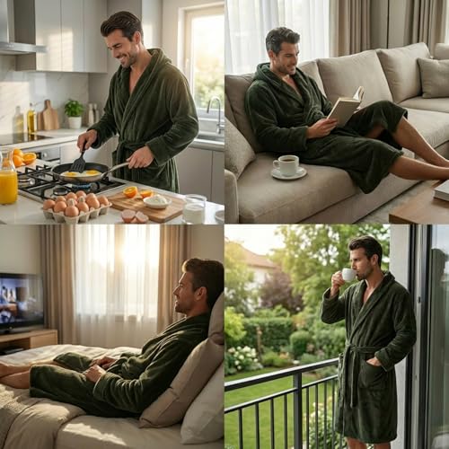FashGudim Mens Hooded Robe Plush Shawl Collar Kimono Bathrobe Soft Warm Flannel Fleece Spa Robes House Coat Pajamas - color: Army Green, size: Small-Medium