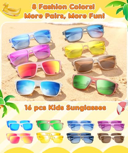 Sumsun Kids Sunglasses Bulk Party Favors 24 Packs Boys Girls Age 3-8 with UV400 Protection for Birthday Graduation Party Supplies (Grid 16 Pack) - style: 16pc Grid
