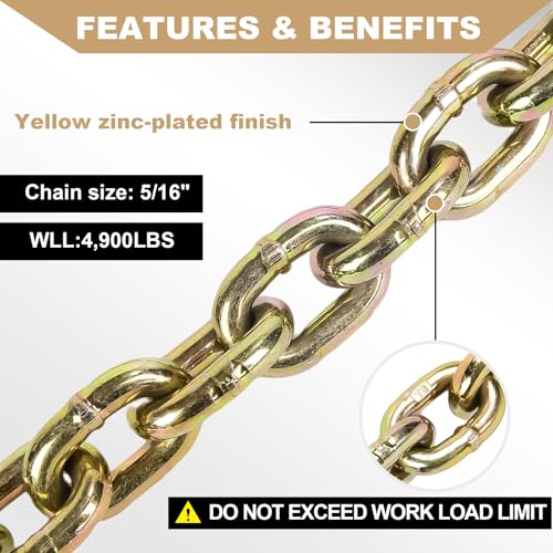 AAIN 5/16" Transport Binder Chain, 20ft Tie Down Tow Chains for Trailers | G80 Tow Chain for Load Tie-Down Fixed Cargo Flatbed Truck Heavy Duty Safety Chains with Clevis Grab Hooks G70-4,900 lbs WLL - size: 5/16 Inch x 20 FT, style: 1 Pack